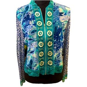 PIANO MESH ANIMAL PRINT LIGHTWEIGHT ZIP FRONT JACKET TOP BLUE GREEN SIZE MEDIUM